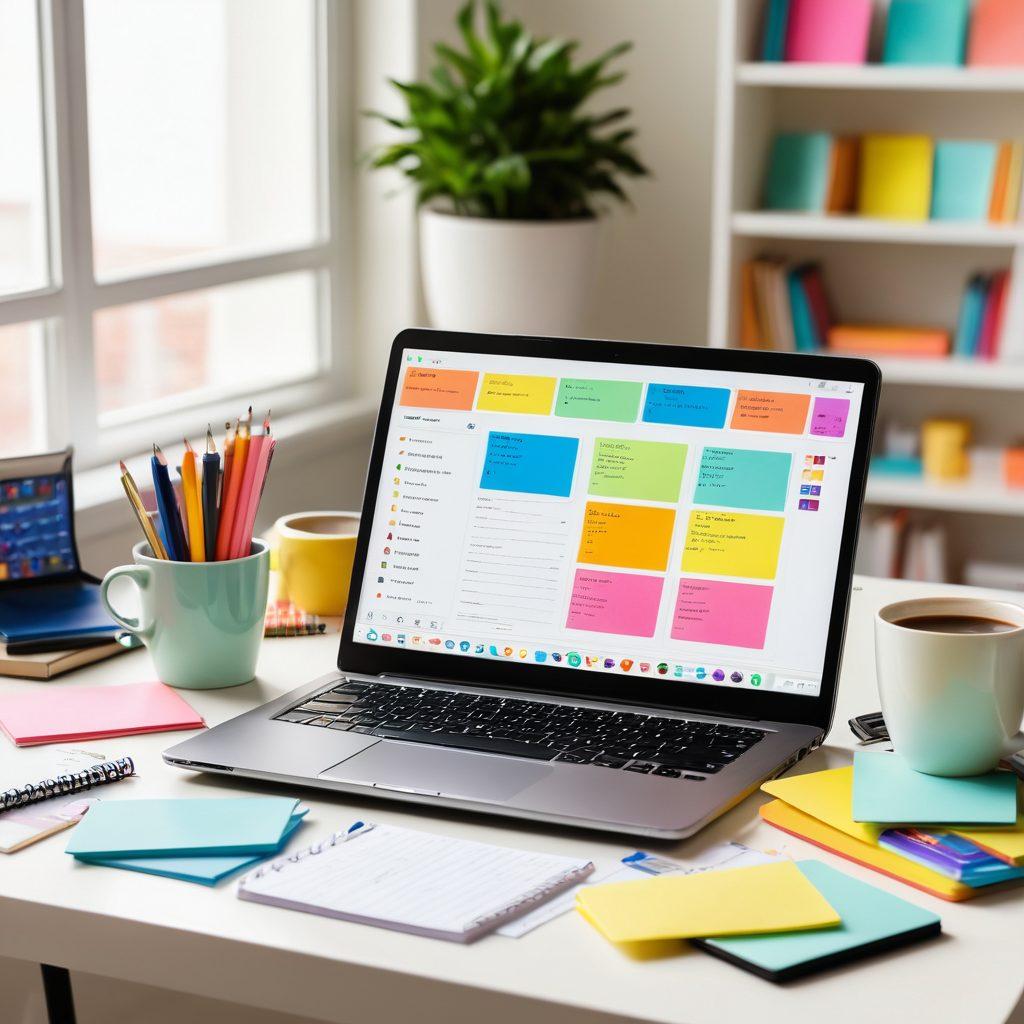 A collage of essential online learning tools for students, featuring a laptop displaying an online assessment interface, colorful notepads with sticky notes, a coffee mug, and a tablet with educational apps open. Include an organized study space with a bookshelf filled with resources in the background. Bright and inviting atmosphere with scattered stationery items. super-realistic. vibrant colors. white background.