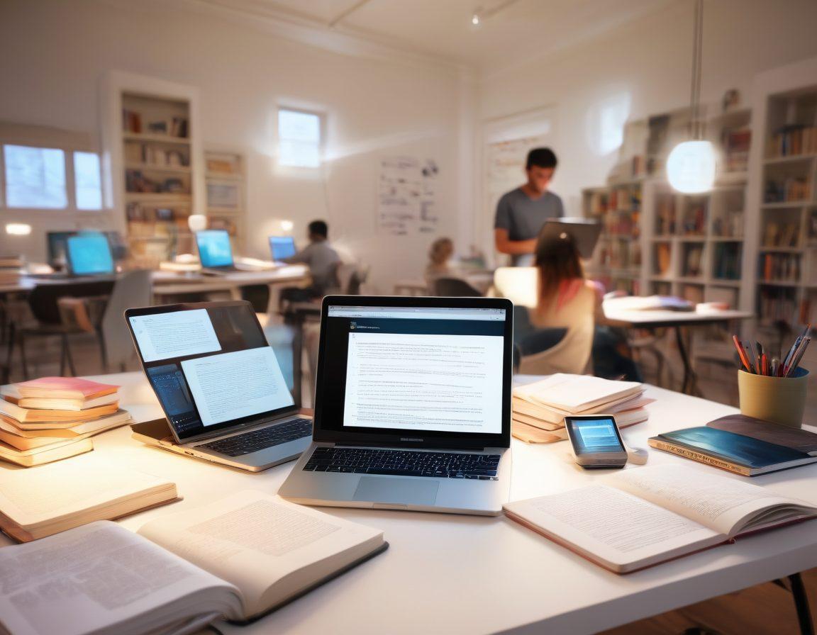 A serene study environment featuring a diverse group of students engaged with digital devices, highlighting various online study techniques. Books, laptops, and digital resources scattered around, with a glowing aura around them representing knowledge and success. Soft lighting to create a focused atmosphere, with motivational quotes subtly incorporated in the background. super-realistic. vibrant colors. white background.