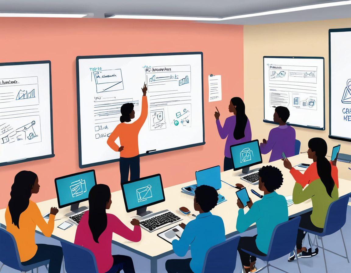 An imaginative illustration of a diverse group of students engaged in e-learning, surrounded by modern digital tools like laptops, tablets, and virtual whiteboards. Incorporate elements symbolizing strategies like plans, checklists, and motivational quotes in a vibrant, dynamic classroom setting. Use colors that convey energy and optimism. Illustrate the concept of 'readiness' with visual cues such as checkmarks and bright light bulbs above their heads. super-realistic. vibrant colors. white background.